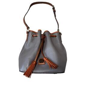 Dooney & Bourke Pebble Grain Leather Drawstring Bucket Bag Gray Taupe Tassel